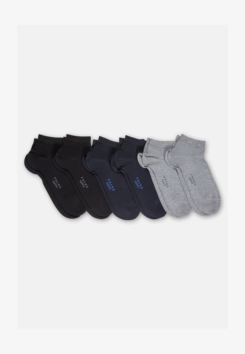 Three pairs each of black, navy, and gray ankle socks arranged side by side on a white background, labeled with "Falke Happy."