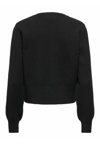 Pull court noir à manches longues avec poignets, ourlet et encolure ras du cou côtelés, vu de dos sur fond blanc.