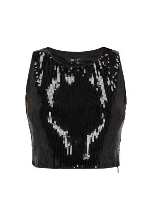 Zwarte crop top met pailletten en een ronde halslijn, voorzien van een patroon van zilveren en zwarte pailletten met een gestructureerde afwerking. Geen zichtbare naden.