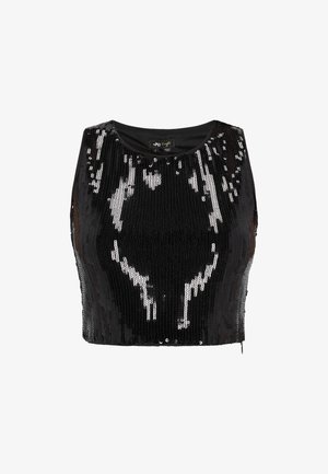 Zwarte crop top met pailletten en een ronde halslijn, voorzien van een patroon van zilveren en zwarte pailletten met een gestructureerde afwerking. Geen zichtbare naden.