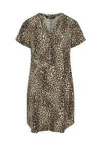 Klänning med leopardmönster, korta ärmar, V-ringning och lätt böjd fåll. Tillverkad av mjukt tyg med bruna och svarta fläckar på en beige bakgrund.