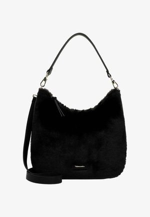 Schwarze Handtasche aus Kunstfell mit einer geschwungenen Silhouette, ausgestattet mit einem abnehmbaren schwarzen Schulterriemen, goldenen Beschlägen und einem kleinen Logo-Detail an der Seite.