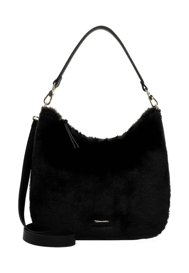 Borsa in pelliccia sintetica nera con silhouette curvata, dotata di una tracolla nera rimovibile, dettagli in oro e piccolo logo sul lato.