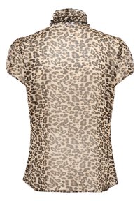 Leopardenmuster-Bluse aus leichtem Stoff mit einem Rüschenausschnitt und kurzen Ärmeln. Neutralbeige mit dunkelbraunen und schwarzen Punkten.