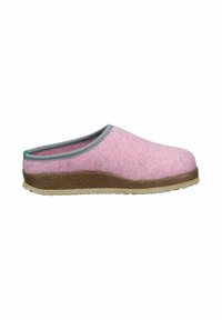 Pink felt slipper with grey trim and tan rubber sole. Side view shows rounded toe and slight heel, featuring a textured outsole for grip.