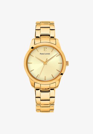 Guldtonet ur med en rund skive, en tekstureret gul urskive og slanke indekser; har et metallisk ledarmbånd design og lås.