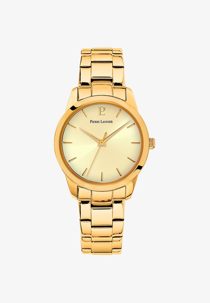 Guldfärgad klocka med rund urtavla, en texturerad gul dial och smala index; har en metallisk länkarmbanddesign och låsning.