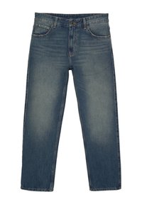 Vaqueros de mezclilla azul claro con un corte relajado. Incluyen cinco bolsillos, bragueta con botón y zonas descoloridas para dar textura. Piernas de corte recto.