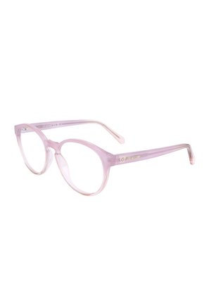 Montature per occhiali rotonde trasparenti viola chiaro con aste sottili e marchio "Love Moschino" in oro sul lato.