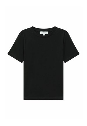 Czarny T-shirt z krótkim rękawem i okrągłym dekoltem, z małą białą metką wewnątrz kołnierzyka, prezentowany na białym tle.
