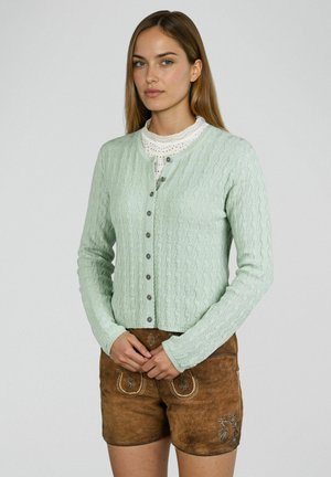 Jonge vrouw die een lichtgroene gebuttonbevestigde cardigan draagt, een wit kanten blouse en bruine geborduurde leren korte broek, staand met gevouwen handen.