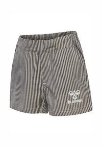 Randiga shorts i tyg med en strukturerad väv, i grå och vit färgskala med en vit logotyp på framsidan.