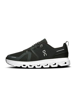 Scarpa da corsa nera leggera con suola bianca ammortizzata e tomaia in mesh traspirante, dotata di chiusura con lacci e logo del marchio sul lato.
