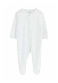 Hvid babyheldragt med lange ærmer, med lyseblåt stjernemønster, knapper foran og lukkede fødder for varme.