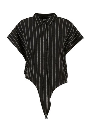 Camisa de rayas negras con mangas cortas, cierre frontal de botones, dobladillo en punta y rayas verticales blancas. Fabricada con tela texturizada.