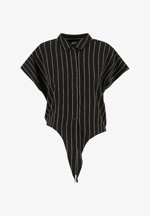 Černá pruhovaná košile s krátkým rukávem, zapínání na knoflíky, špičatý lem a bílé vertikální pruhy. Vyrobena z texturované látky.