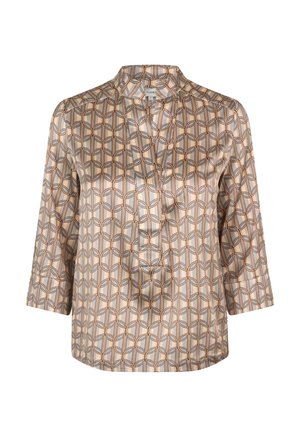 Zijde blouse met een geometrisch patroon in beige, bruin en blauw. Heeft een mandarin kraag en driekwart mouwen.