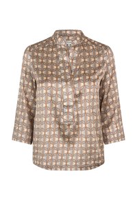 Seidenbluse mit geometrischem Muster in Beige, Braun und Blau. Sie hat einen Mandarin-Kragen und Dreiviertelärmel.