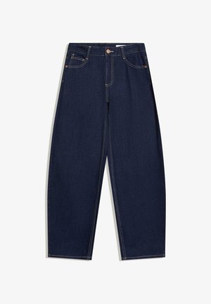 Blugi din denim albastru închis, cu croială lejeră, cinci buzunare, închidere cu nasturi și cusături galbene contrastante de-a lungul cusăturilor.