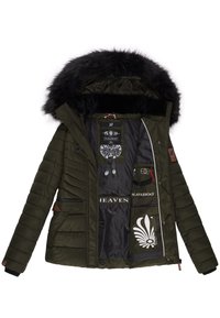 Olive green puffer jacket with a removable black fur hood. Features zippered and button pockets, quilted texture, and decorative interior lining.
