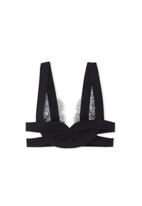 Soutien-gorge noir à bretelles croisées avec de larges bandes côtelées, des panneaux latéraux en dentelle et un design en courbe entrelacé à l'avant.