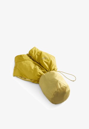 Yellow insulated jacket with a cinched waist and hood. Features a smooth texture, sleek design, and elastic drawstring at the hem.