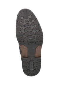 Suola di scarpa in gomma nera con un motivo di battistrada robusto, caratterizzato da profonde scanalature per la trazione e un'area del tallone rinforzata.