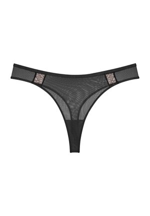 Schwarzer Netz-Tanga mit durchsichtigen Einsätzen und Spitzenakzenten. Verfügt über einen glatten Bund und ein Design mit minimaler Bedeckung.
