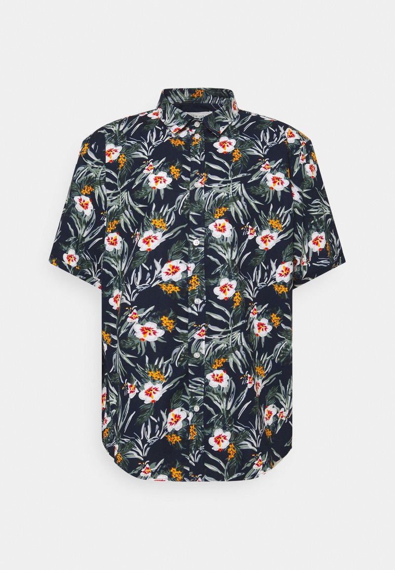 Chemise bleu marine à manches courtes avec boutons, imprimé floral tropical blanc et jaune et feuilles vertes.