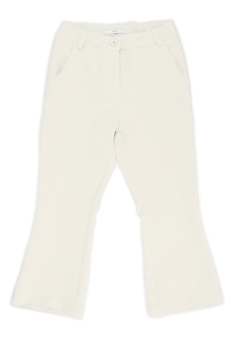 I pantaloni crema svasati presentano una finitura liscia, due tasche frontali, unClosure con bottone e una cintura nascosta per un design pulito.
