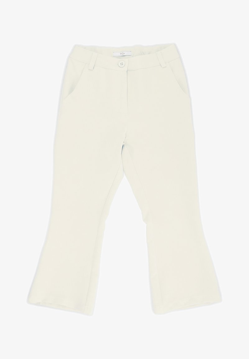 Flared cream pants feature a smooth texture, two front pockets, a button closure, and a concealed waistband for a clean design.