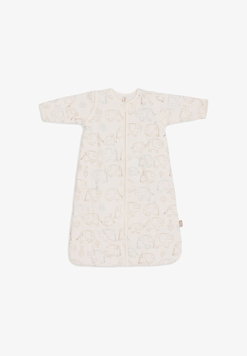 Sac de couchage beige clair avec manches longues, arborant un motif d'éléphants répété dans des couleurs pastel. Fermeture éclair à l'avant, texture douce.