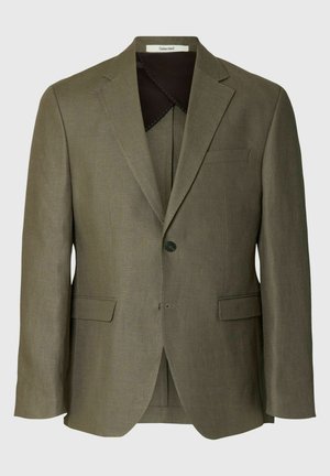 Muško sako maslinasto zelene boje s jednim gumbom, reverima s izrezom, džepovima s preklopima i prsnom otvorenom džepom, prikazano sprijeda na neutralnoj pozadini.