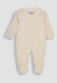 Body per neonati a righe crema e rosa pallido, con maniche lunghe, bottoni a pressione sul davanti e maniche e piedi con polsini. Realizzato in morbido cotone.