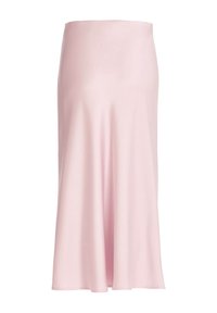 Jupe en satin rose clair, longueur cheville, finition lisse et légère évasement à l’ourlet.