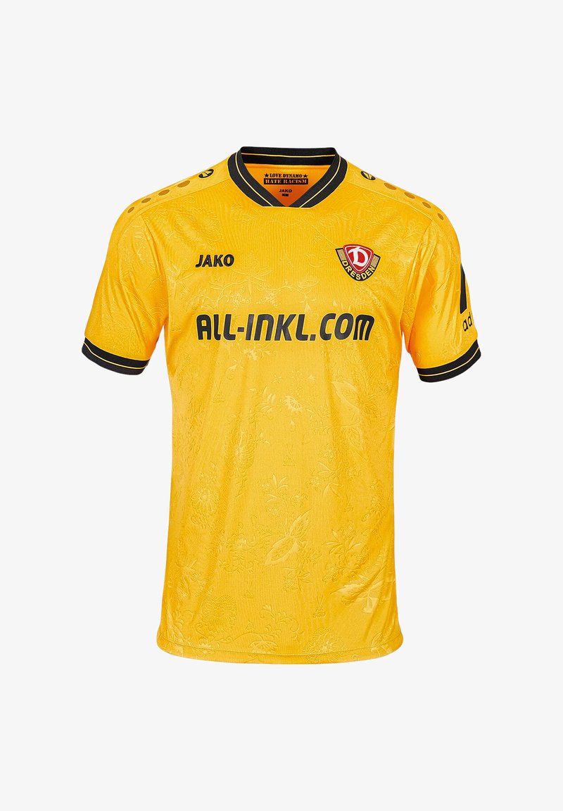 Maglia sportiva gialla con maniche corte, accenti neri, design a trama floreale e il marchio "ALL-INKL.COM" in evidenza.