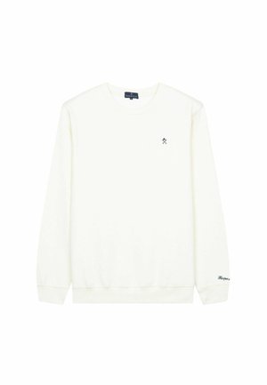 Felpa bianca realizzata in morbido tessuto con scollatura rotonda, maniche lunghe e un piccolo logo blu navy sul petto e sull'orlo.