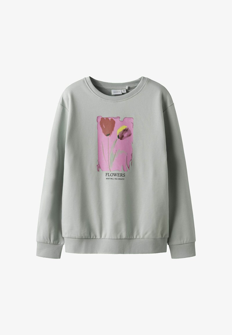Světle šedá mikina vyrobená z bavlny, zdobená květinovým potiskem v růžové, červené a žluté barvě. Hladký vroubkovaný výstřih a manžety, uvolněný střih.