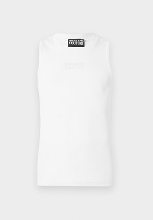 Hvid ærmeløs ribbet top med Versace Jeans Couture-mærke ved halsudskæringen og subtilt præget logo på brystet.
