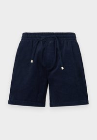 Shorts en velours côtelé navy avec une taille élastique, un cordon de serrage réglable et des embouts métalliques dorés. Caractéristiques d'une texture douce et d'une coupe droite.