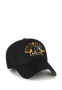 Cappello da baseball nero con logo ricamato dei Boston Bruins in giallo e bianco, visiera curvata e finitura in tessuto testurizzato.