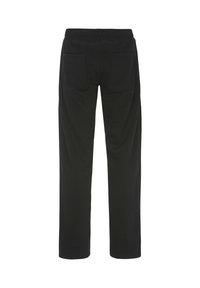 Schwarze Jogginghose mit elastischem Bund, zwei Gesäßtaschen und lockerem Schnitt, gefertigt aus weichem, glattem Stoff.