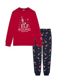 Punainen pitkähiha, jossa on 'Elf Squad' -grafiikka, yhdistettynä tummansinisiin housuihin, joissa on joulunelikot, makeiset ja lumihiutaleet.