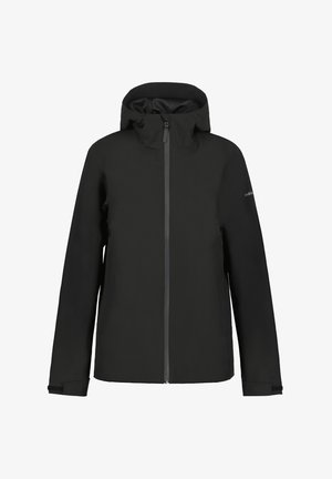 Schwarze wasserdichte Jacke mit durchgehendem Reißverschluss vorne, verstellbarem Kapuzen und elastischen Bündchen, aus einem glatten, strapazierfähigen Material.