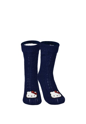 Navy blue knit socks with cable pattern featuring Hello Kitty faces with red bows on the toes, shown upright against white background.