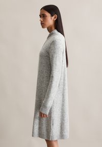 Hellgraues Strickkleid mit langen Ärmeln, rundem Ausschnitt und gerippten Abschlüssen, das eine schlichte, entspannte Silhouette präsentiert.