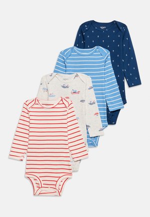 Four long-sleeve baby bodysuits in red stripes, boat prints on gray, blue stripes, and navy with white anchors, arranged overlapping.