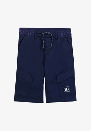 Navy blue cargo shorts with drawstring waist, side flap pockets, front pockets, and a small "EB" logo patch on the left leg.
