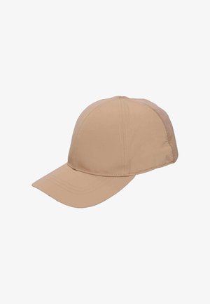 Beige baseball cap with curved brim and visible stitched seams on a white background, shown from a slight side angle.