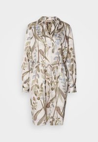 Rochie cu model floral dintr-un material ușor, având guler, talie accentuată cu curea, mâneci lungi și nuanțe de verde, maroniu și albastru.